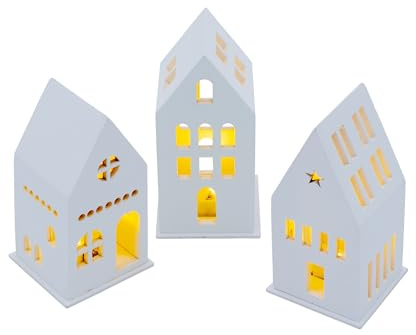 Spetebo LED Holz Haus weiß Batterie betrieben 13 cm - 3er Set - Deko Weihnachtsdorf mit Beleuchtung in warm weiß - Weihnachts Tisch Deko Aufsteller Winter Haus