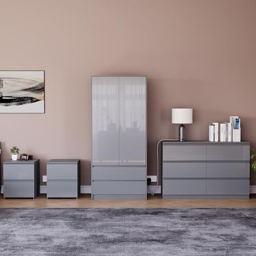 Vida Designs Glinton High Gloss 4 Piece Bedroom Furniture Set, 2 Door Wardrobe, 6 Drawer Chest & 2 Bedside Cabinets (Grey)