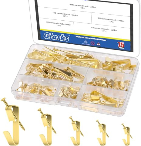 Glarks Bilderaufhänger mit Nägeln, goldene Bilderhaken mit Nägeln, 75 Stück, 4,5 kg/9,1 kg/13,6 kg/22,7 kg/45,4 kg