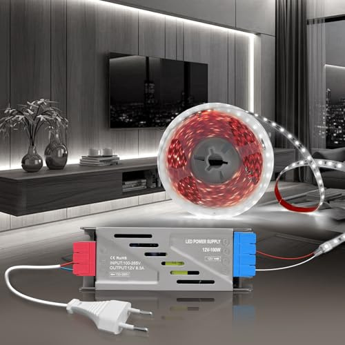 BRIMETI Tira LED 12V 5M Autoadhesivo Luz Blanca Fria 6000K Tira LED Cocina 120LED/M Flexible Ancho 8mm para Dormitorio Fiestas Gabinete, Con 12V Transformador 100W y Cable de Alimentación