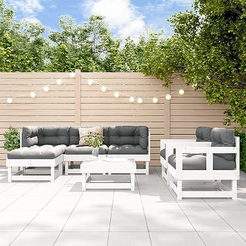 KTHLBRH 7-TLG. Garten-Lounge-Set mit Kissen Weiß Massivholz Gartenmöbel-Sets Terrassenmöbel-Sets Outdoor-Möbel-Sets Balkonmöbel-Sets für Terrasse, Garten, Balkon