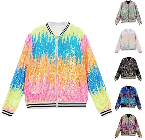 Hanraz Bomberjacke Herren, Glitzer Jacket - Pailletten Oberteil Bomberjacke Trainingsjacke 20er 80er 90er Winter Für Fasching Karneval