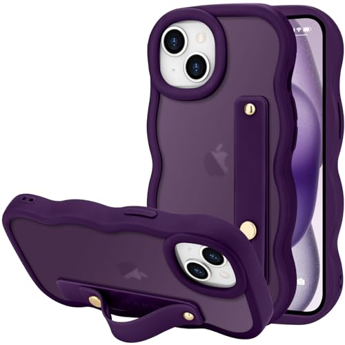 LLZ.COQUE for iPhone 15 Case, Curly Wave Frame with Adjustable Hand Strap Stand Phone Case, Translucent Matte Back Anti-scratch Shockproof Bumper Cover for iPhone 15, Dark Purple