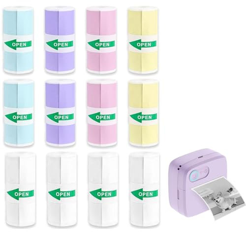 12 Rollen Thermopapier Selbstklebend,Thermopapier kinderkamera,Mini Thermal Printer Papier (57 mm x 25 mm),5 Farben Thermopapier für Kinder,Sofortbildkameras Bedruckbarer Aufkleber - für Fotos,Notizen