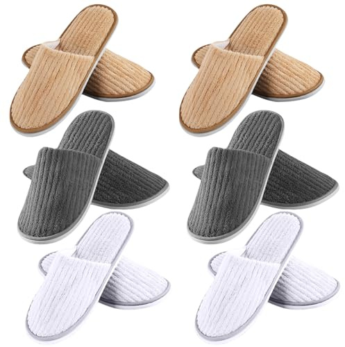 6 par gästtofflor hotelltofflor: Universalstorlek 28,5 x 11,5 cm frottétofflor, tofflor med stängda, tvättbara halkfria, korallfleece, tår för hotell, resor, hem, gäst, användning