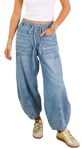 Felcia Women Baggy Denim Pants Mid Waist Wide Leg Cropped Balloon Barrel Jeans Loose Fit Boyfriend Trousers Vintage Y2K Harem Bottoms (Light Blue B, M)