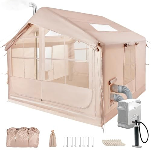 Afitdon Aufblasbares Campingzelt mit Kaminöffnung & Dachfenster, Aufblasbare Zelt für 2-10per mit Luftpumpe, Zelt Aufblasbar aus Wasserdichtem Oxford-Stoff für Jahreszeiten, Schneller Aufbau Luftzelte