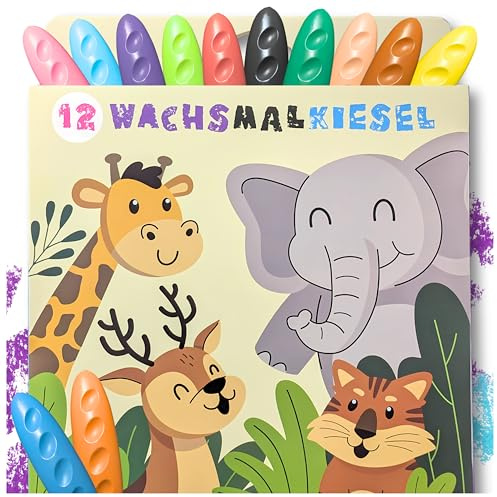 Sabbatbox Kiesel Wachsmalstifte mit App für Kinder, 12 Farben, bruchsicher, ungiftig, waschbar & kinderleicht zu halten, Malstifte für Kinder, 12er Set