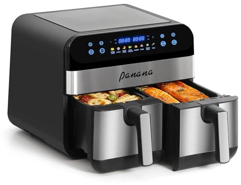 Panana 9L Air Fryer, 2400W Dual Basket Air Fryer with Touchscreen Controls, 8 In 1 Large Family Size, Sync & Match Cooking, Bake, Roast, Broil, Dehydrate, Reheat