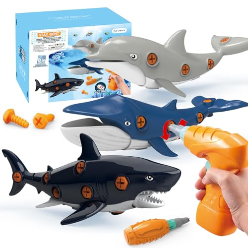 STAY GENT Ocean Spielfiguren Montage Spielzeug für Kinder Meerestiere Figuren Spielzeug Hai Tiere-Figuren Set Elektrobohrer Kinder Fisch Hai Wal Delfine DIY Geschenk für Jungen Mädchen 3 4 5 6 Jahre