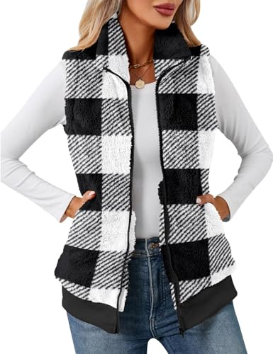 IECCP Teddy fleece-väst för kvinnor UK kroppsvärmare väst toppar enfärgade lätta mysiga västar stående krage ärmlös dragkedja väst med fickor, Svartvit rutig, M
