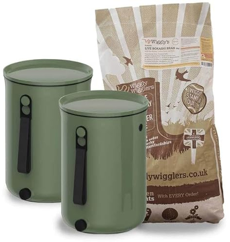 Wiggly Wigglers Compost Bin Organko Odour Free Indoor Composting Starter Kit With Bokashi Bran Countertop Kitchen Composter Bins (2 Olive Bin + 5kg of Bokashi Bran)