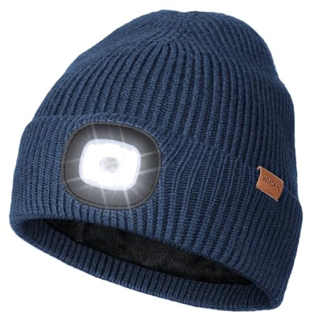 Wmcaps Mütze mit LED Licht, Type-C, wiederaufladbar, warme Futter, Geschenk | Dehnbar-weich, Freihändige Stirnlampe, Wintermütze für Herren, Ideal für Joggen, Hundespaziergänge und nächtliche Arbeiten.