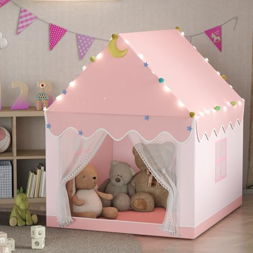 2 IN 1 Kinderzelt, Spielzelt für Kinder mit LED-Lichtern und Dekoration, Spielzelt für Drinnen,Kinderspielhaus in Form eines Hauses,Kinderzelt Spielhaus Kinder Indoor