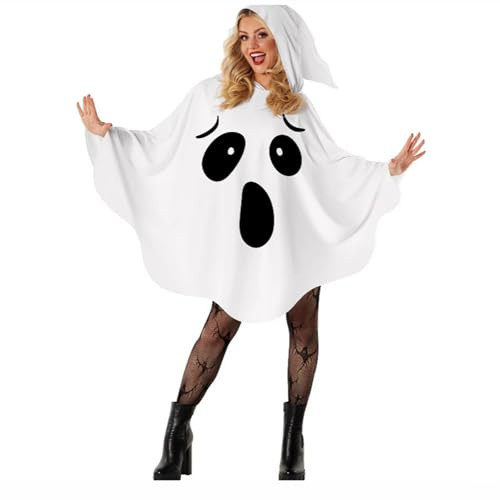 Generisch Weißes Geistercape mit Kapuze, Halloween Kostüm Erwachsene Geist Kostüm Damen für Halloween Feiern Horror Cosplay Kostüm