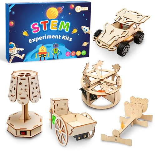 JTgugu Lot de 6 pièces d'expériences pour enfants - Kit de construction électronique - Jouet STEM - En bois - Kit de construction - Puzzle 3D - Boîte d'expérimentation - Cadeau