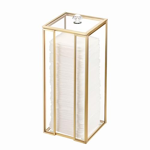 Hipiwe Gold Glass Clean Pads Storage Box Cotton Pad Dispenser for the Clean Skin Club Vertical Desktop Organizer with Lid for Bathroom Vanity