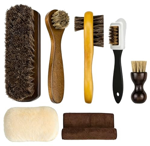 Shoe Brush Set, Suede Brush for Shoes, Horsehair Brushes, polish brush, 5 Pcs Shoe Polish Brushes + 1 PCS Plush Polishing Glove + 1 PCS Towel, Ideal for Boots, Car Seats, Bags, Sofas