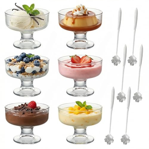 6 Pack Glass Dessert Bowls, Ice Cream Bowls, Sundae Glasses, Prawn Cocktail Glasses with Footed Base with 6 Long-Handled Cherry Blossom Spoons for Trifle Salad Yogurt Cake Bowl for Home Party Wedding