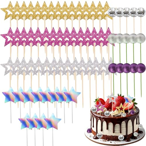 72 PCS Disco Ball Cake Decorations Set, Cake Balls Decoration Mini Disco Balls with Stick Glitter, Suitable for Cupcakes and Desserts 80s Retro Star Cakes Balls for Cakes for Birthday