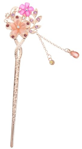 Hohopeti Twin Flower Hair Sticks with Gemstone Tassel Purple Decorative Hair Chopsticks for Women’s Hanfu Traditional Chinese Style for Updos