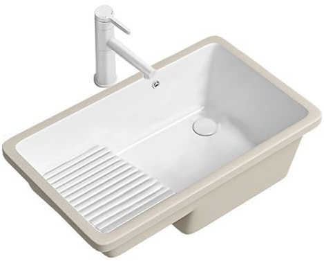 Lavatoio Ceramica con Asse di Lavaggio, a Incasso Sottotop, Lavandino Bagno con Rubinetto e Kit di Scarico, per Mobili Bagno e Lavanderie(White,685 * 410 * 220mm)