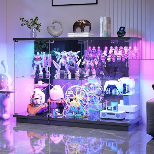 120 CM RGB Glasvitrine Stehend mit Ladestation und Bewegungssensor,Schwarz | TV-Schrank mit USB & Type und glastüren,vitrine mit VeVerstellbaren Glasböden für Wohnzimmer,Schlafzimmer,Trophäe,Gehärtetes