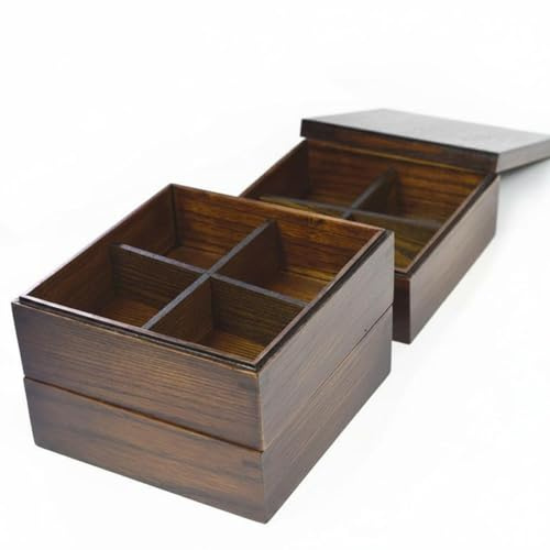 rockible Caja para Comida Cuadrada Dividida Madera Maciza Caja Bento con Compartimentos Divisor Cruzado Bento Japonés para Almuerzo