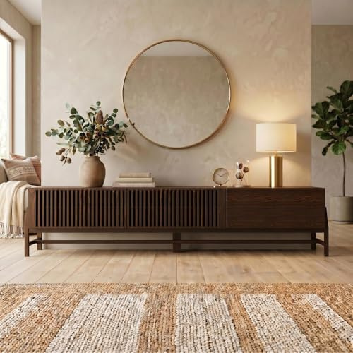 IDIMEX Lowboard Adamo 220 cm aus Massivholz, Nussbaum Finish - TV Kommode mit Lamellenschiebetüren, TV Lowboard für Wohnzimmer, Sideboard mit 2 Schubladen, Wohnzimmer TV Schrank