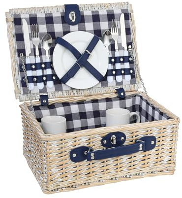 cilio Picknick-Korb AROLO, Für 2 Personen, Geflochtener Korb mit Deckel, Picknickkorb inklusive Teller Set, Besteck und Keramikbechern, Weidenkorb mit Tragegriff, Vintage-Weiß