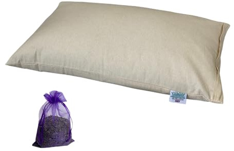 Brow Farm Buckwheat Hull Pillow with Lavender Bag – Standard UK Size (60×44×12 cm) | Adjustable Loft | 100% Cotton Zip Cover | Natural, Breathable Support with Organic Lavender from Provence