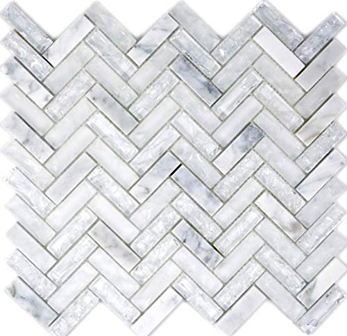 Mosaik Fliese weiß Fischgrät Glas Crystal für WAND BAD WC DUSCHE KÜCHE FLIESENSPIEGEL THEKENVERKLEIDUNG BADEWANNENVERKLEIDUNG, Mattengröße: 263x293 = 0,08 qm, Steingröße: 15x50x8 mm - 1 Matte