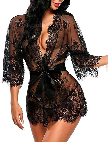 Avidlove sexy lingerie for women plus size Women's Lace Kimono Robe Babydoll Lingerie Nightgown Cover Ups Sheer Gown Nightwear (XXXL Black)