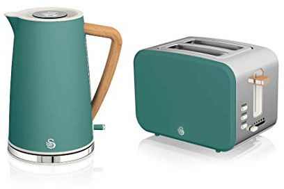 Swan Nordic Set Frühstückskocher, kabellos, 1,7 l, 2200 W, Toaster Breitschlitz, 2 Scheiben, 3 Funktionen, modernes Design, Holzoptik, Grün