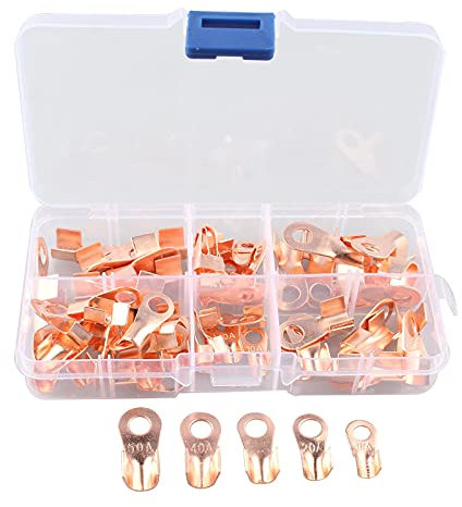 HALJIA 70PCS Open Barrel Bornes À Anneaux en Cuivre Câble Fil À Sertir Connecteur OT Fil À Sertir Connecteurs Kit Assortiment, OT 10A 20A 30A 40A 50A