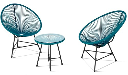 IDMarket – Salón de jardín Izmir Mesa y 2 sillones Huevo Cordage Azul Pato