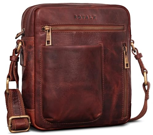 ROYALZ Antonio Herren Umhängetasche Leder klein – Echtleder Crossbody Ledertasche für Männer im Vintage Look – kompakte Messenger Bag mit Reißverschluss;Farbe:Roma Cognac Braun