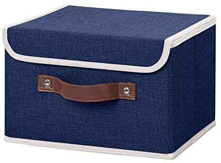 ANMINY Storage Bin with Lid Storage Boxes with PU Leather Handles PP Plastic Board Decorative Foldable Lidded Cotton Linen Fabric Home Cubes Baskets Closet Organizer Container - Blue, Small Size
