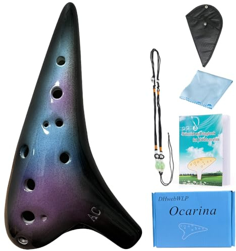 DHwebWLP Okarina instrument med 12 hål med sångbok för nybörjare, Alto C keramisk Okarina (stjärnblå och lila och svart)