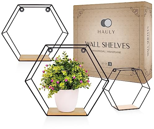 Hauly Vägghylla, set om 3 hexagon – metall svart med trä – industriella vägghyllor, vardagsrumsdekoration – sexkantig hylla, trä, modern för kök, hall, badrum inkl. tillbehör