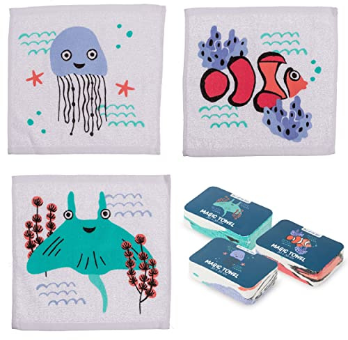 Damaloo 3 Toallas Mágicas para Niños y Niñas con Motivo de Animales Marinos - Paños de Algodón, 30 x 30 cm