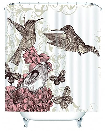 Whoiy Duschvorhang Blumenmuster, Duschrollo Um Die Ecke 165X200cm Polyester Duschvorhänge Schlucken Sie Blumen und Schmetterling Waschbar Wasserdicht