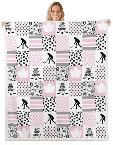 Erosebridal Ice Hockey Throw Size Fleece Blanket for Girls, Puck Sports Games Fuzzy Blanket for Kids Teens Bedroom, Hockey Player Throw Blanket Plaid Patchwork Plush Bed Blanket, Pink White Black