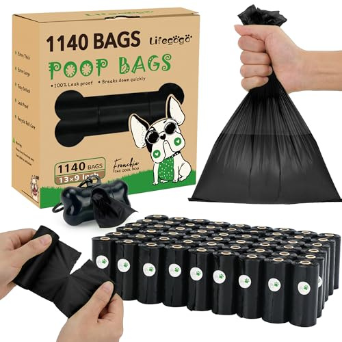 Lifegogo Dog Poo Bags Rolls: Dog Poop Bags with Dispenser, Unscented Extra Thick Strong Leak Proof Dog Waste Bags, Black - 57 Rolls 1140 Counts