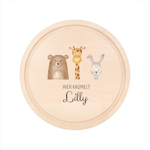 Wunderwunsch Frühstücksbrettchen, Kinder Holzbrett personalisiert rund | Brettchen hier krümelt, Scheidebrett, Holzbrettchen mit Namen, Geschenk Einschulung, Junge, Mädchen, Kind, Frühstücksbrett