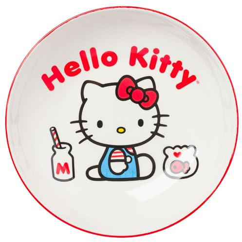 Silver Buffalo Sanrio Hello Kitty Milk and Goldfish Red and White Ceramic Dinner Pasta Bowl, 9 inches
