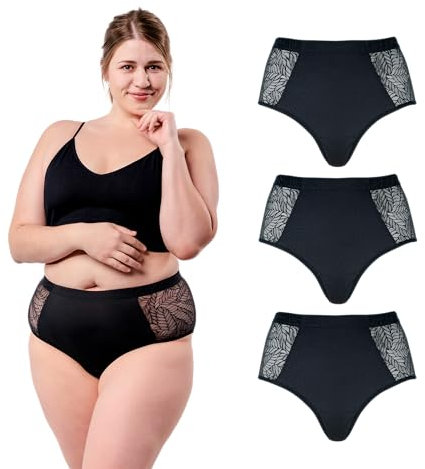 SELENACARE Periodenunterwäsche Recycled Lace Leaf High Waist (3er Multipack) - Menstruationsunterwäsche für Damen, nachhaltig, 20ml Absorption, Schwarz, Größe XL (EU 44/46)