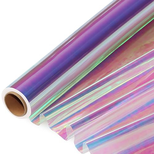 SYOGUA Schillernde Zellophanrolle, 43,2 cm breit x 180 cm lang, transparent, schillernde Zellophanrolle, regenbogenfarbene Geschenkverpackung, Kunststoff für Körbe, Leckereien, Bastelarbeiten,