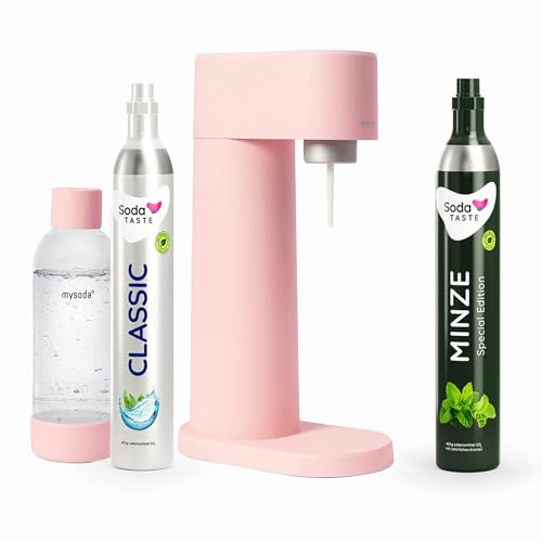 SodaTASTE Sparpaket: Mysoda Woody - Wassersprudler aus erneuerbarem Holzkomposit mit 1L BPA-freier Plastikflasche, CO2-Zylinder Classic + CO2-Zylinder Minze (Rosa)