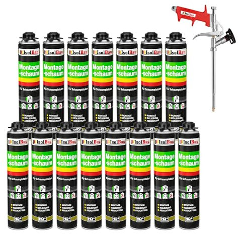 Isolbau Bauschaum-Set - Inkl. 15 x 1K Montageschaum B2 Pistolenschaum mit hervorragender Schall und Wärmedämmung (je 750 ml) & 1x Schaumpistole, Abdichten